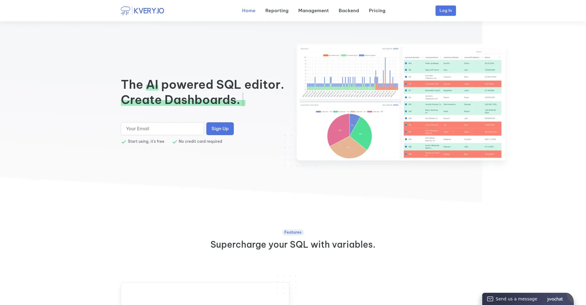 Captura de pantalla del editor SQL impulsado por IA de Kvery.io