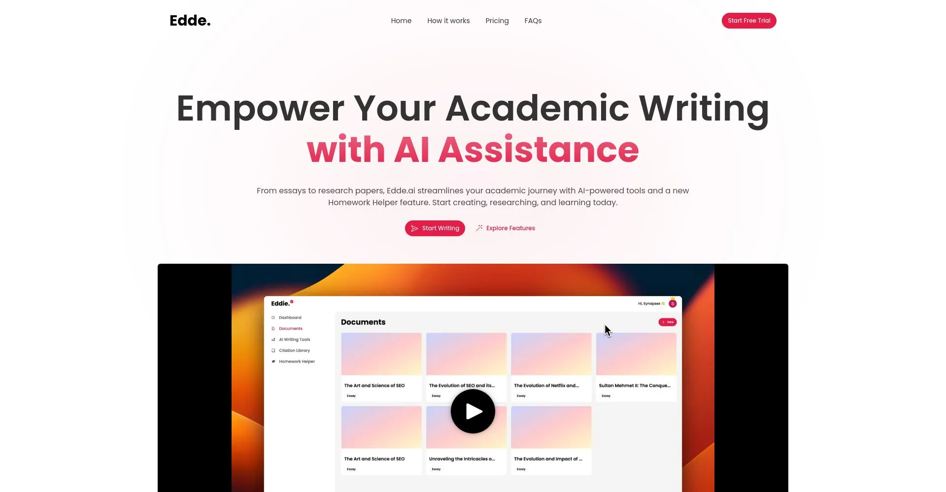 Captura de pantalla de Edde.ai mostrando herramientas para escritura académica