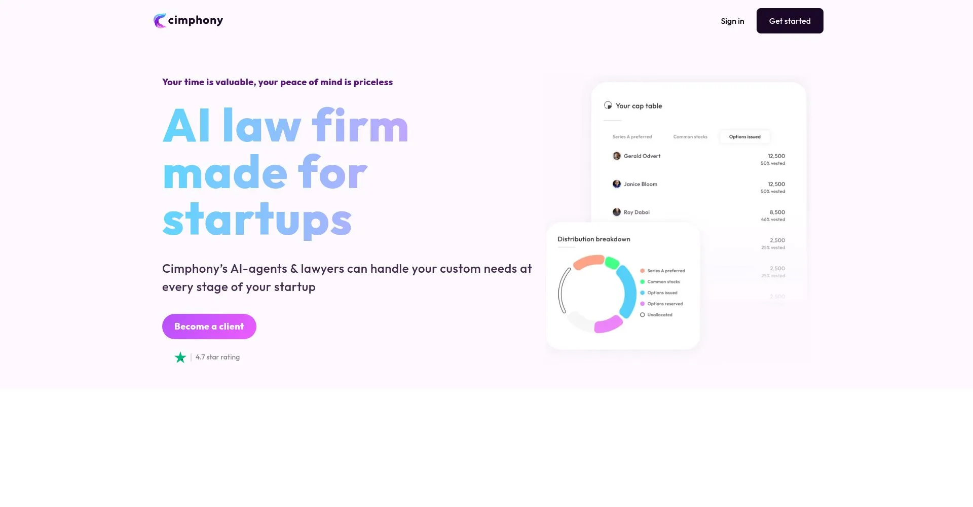 Captura de pantalla de cimhony, firma de abogados de IA para startups