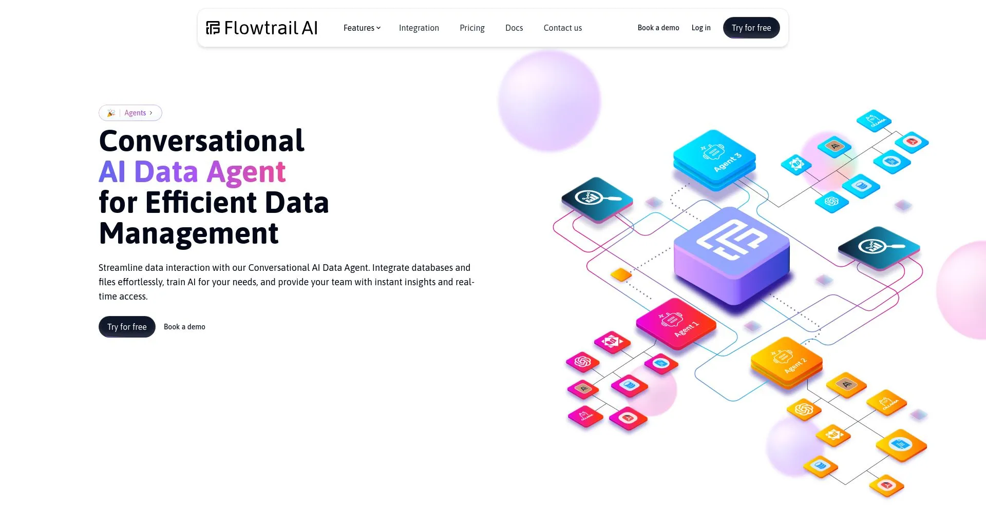 Página de inicio de Flowtrail AI mostrando su agente de datos conversacional