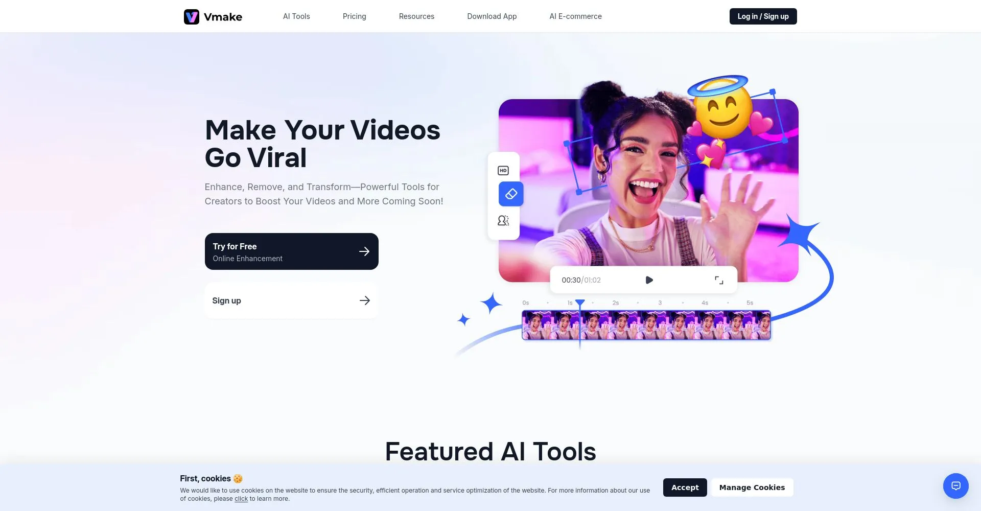 Página principal de Vmake mostrando herramientas para videos virales