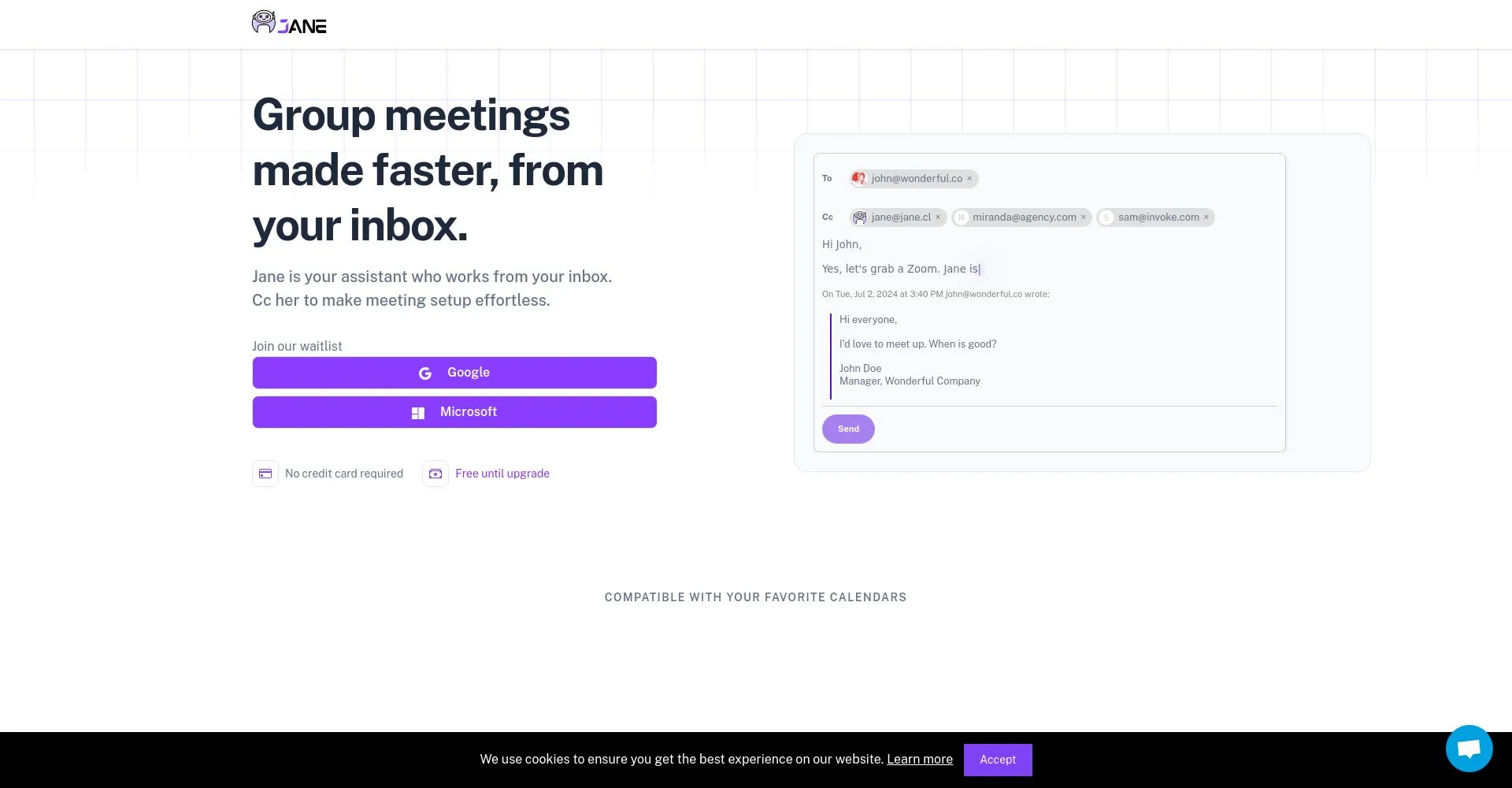 Página de inicio de Jane, asistente de reuniones