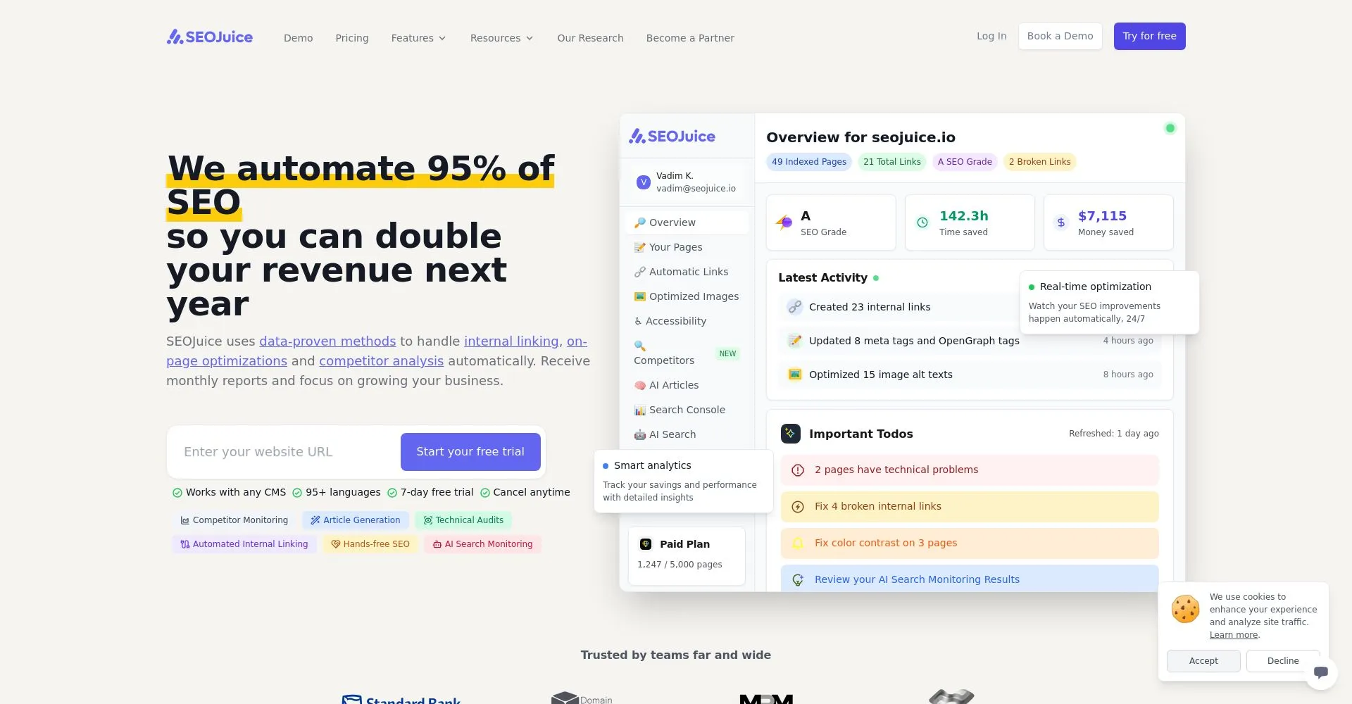 Interfaz de usuario de SEOJuice mostrando funciones de automatización del SEO