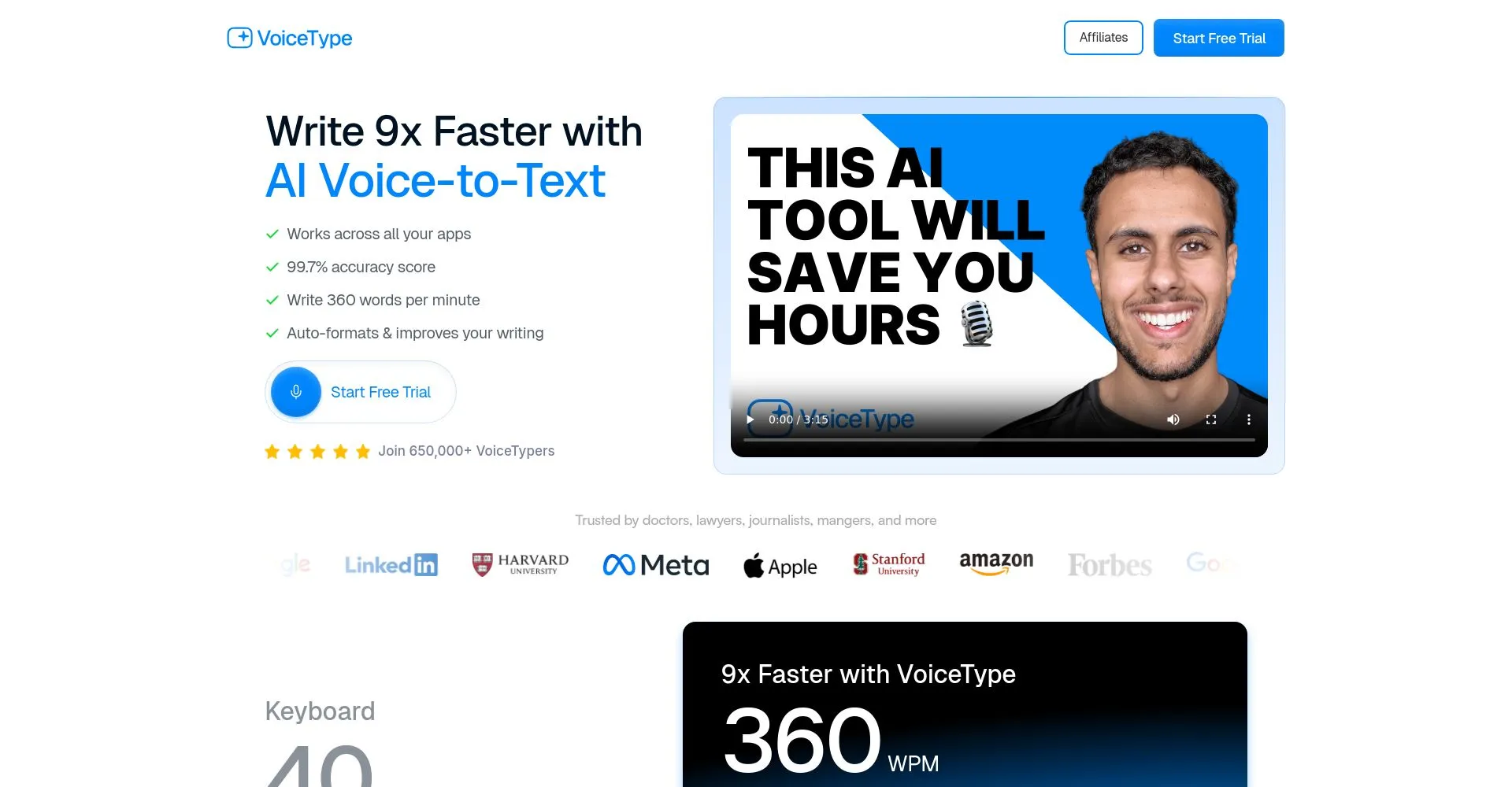 Página de inicio de VoiceType mostrando herramientas de AI para transcripción de voz