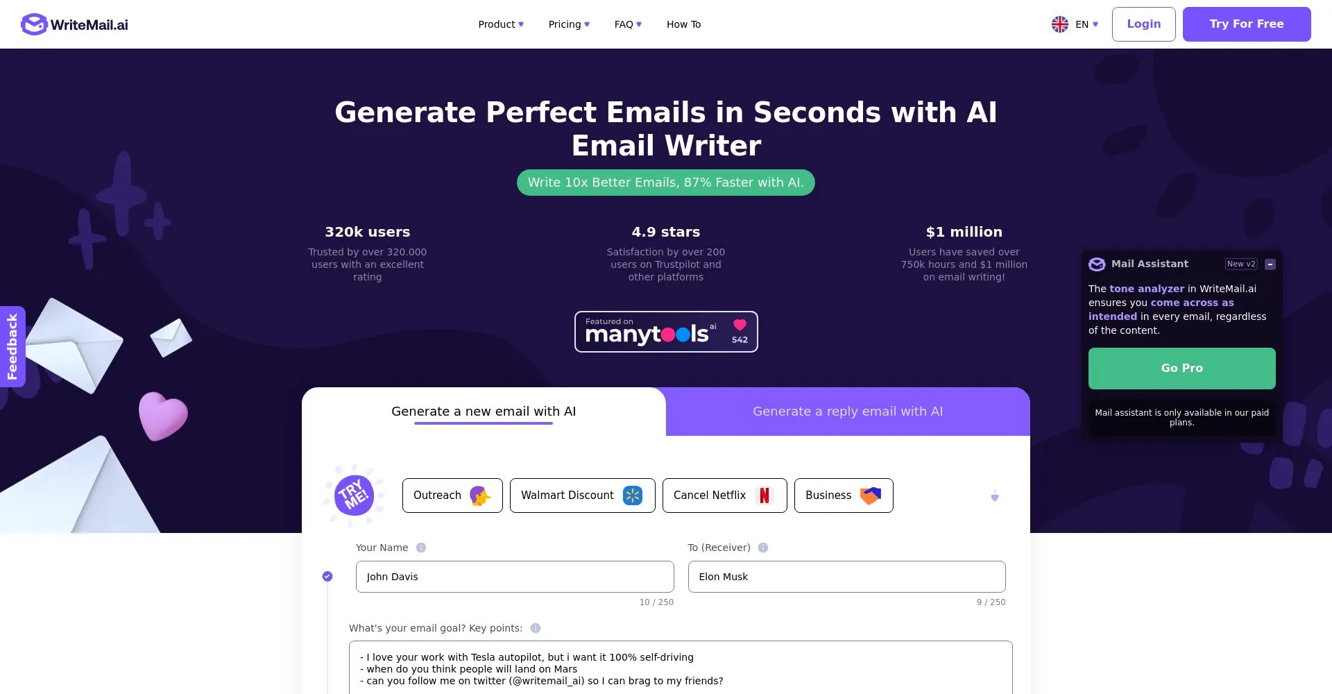 Interfaz de WriteMail.ai para generar correos