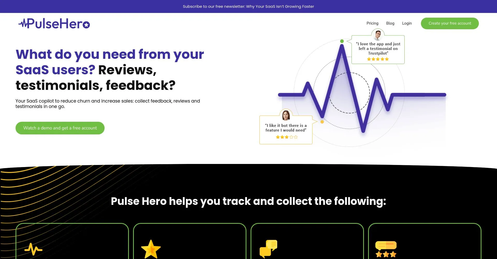 Página de inicio de Pulse Hero para recolectar opiniones de usuarios SaaS