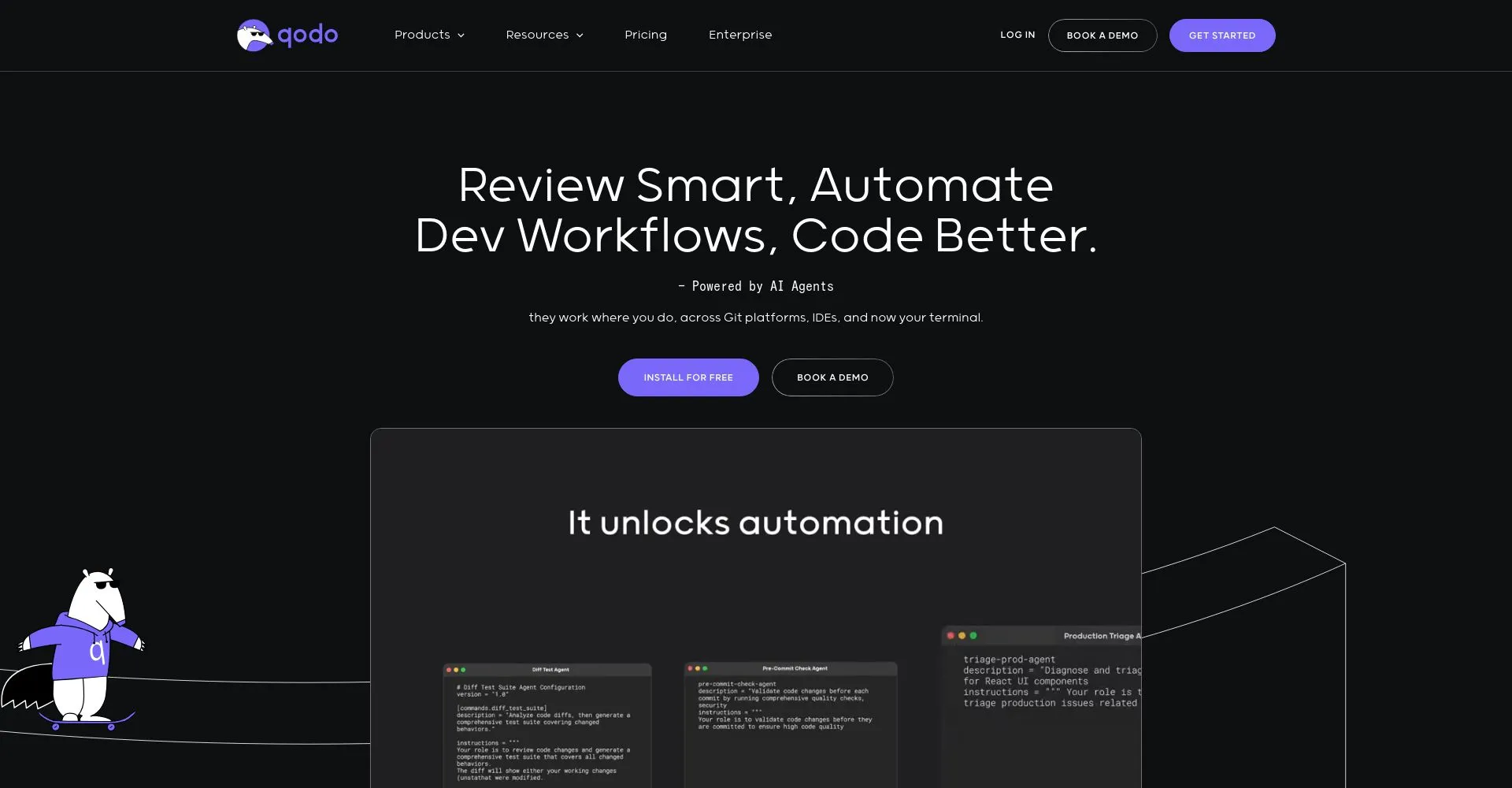 Página principal de Qodo mostrando características de automatización