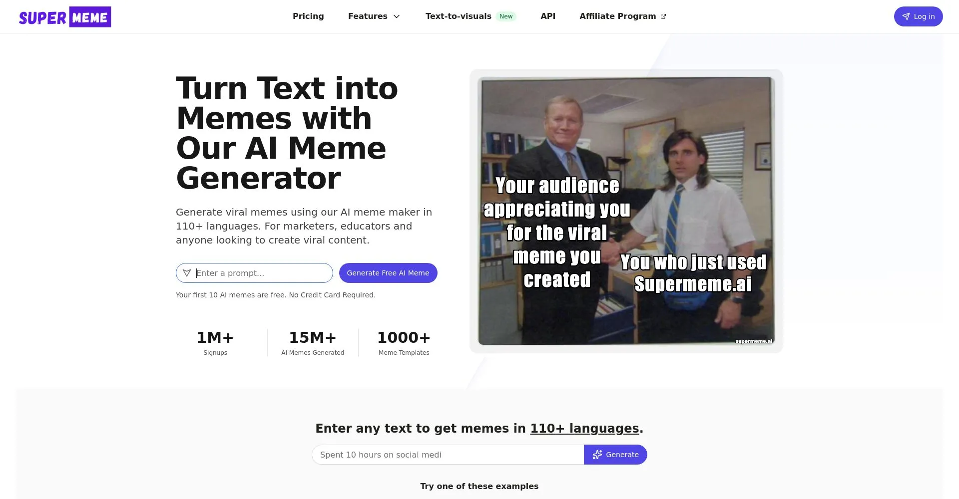 Captura de pantalla de la página de inicio de Supermeme.ai