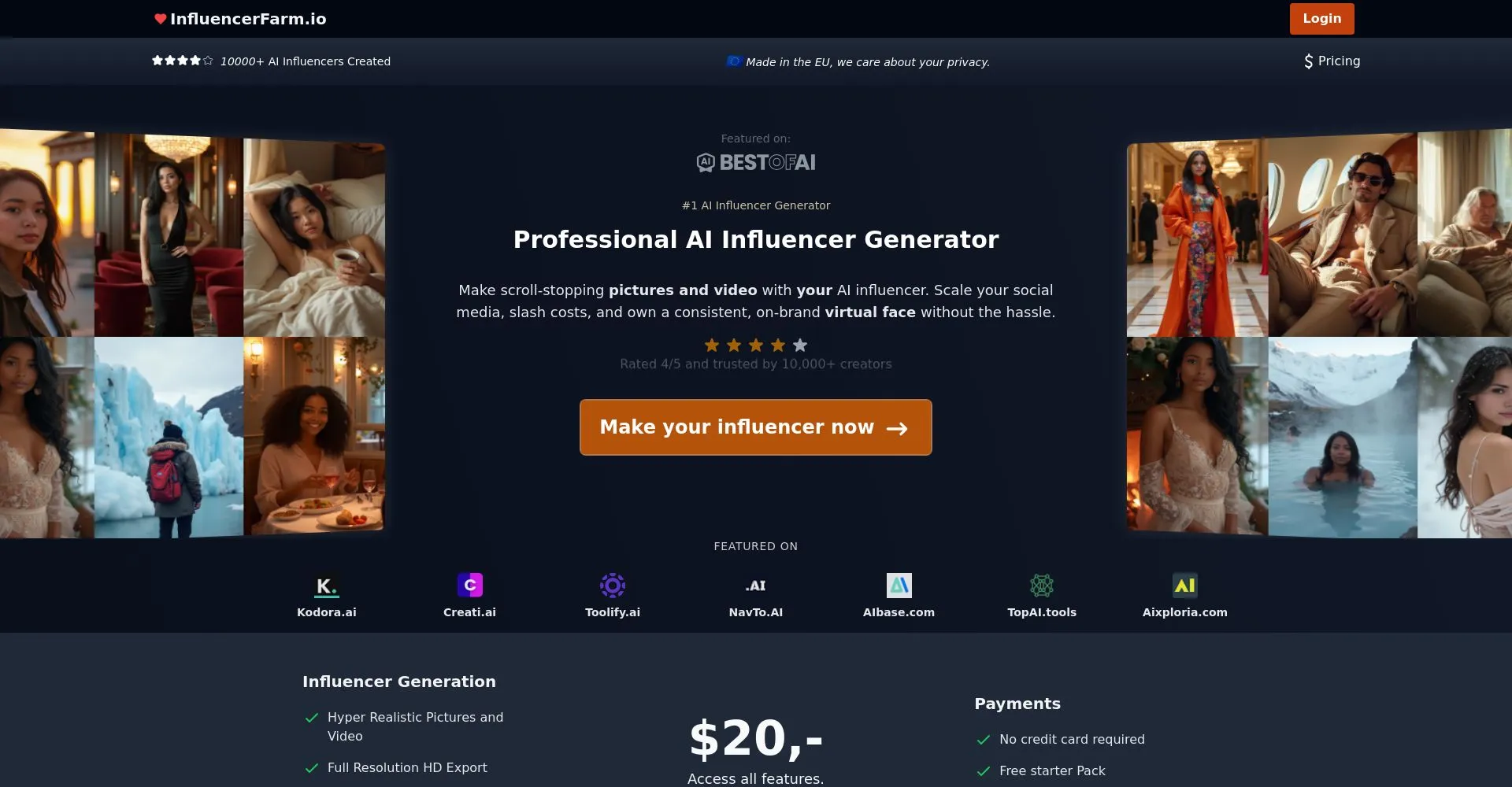 Página de inicio de InfluencerFarm.io mostrando el generador de influencers AI