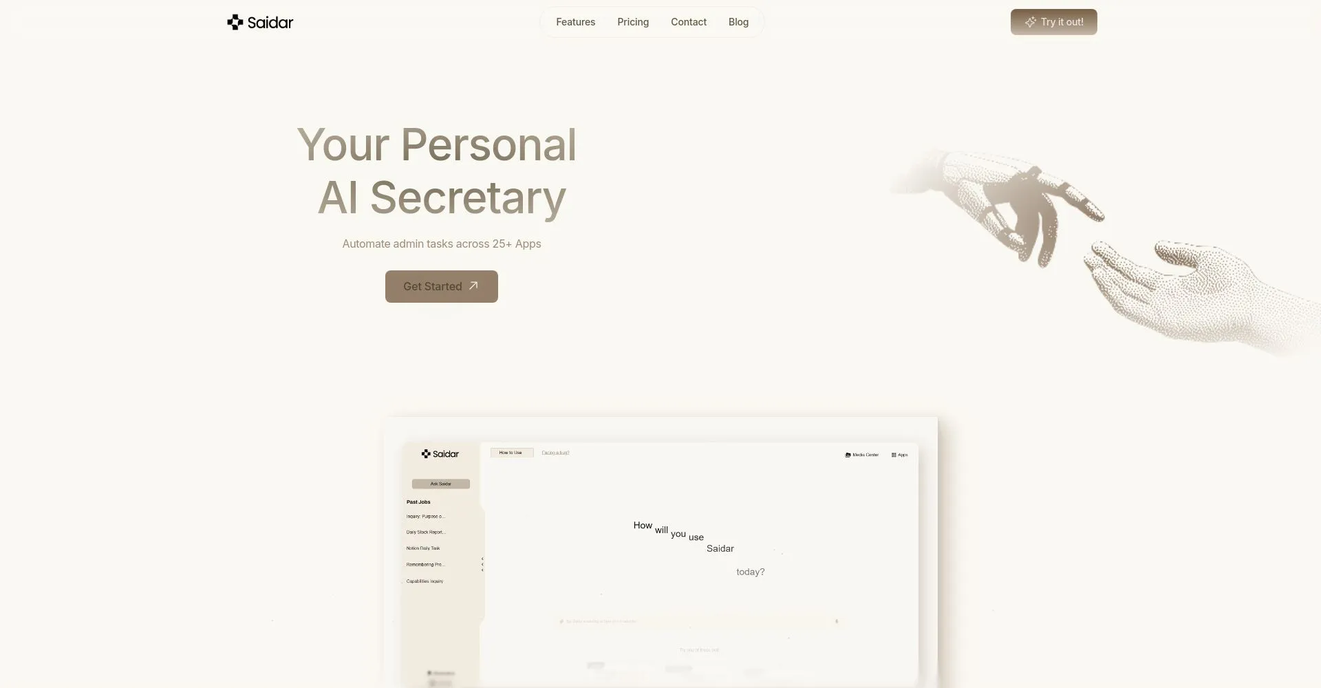 Página de inicio de Saidar mostrando funciones de automatización