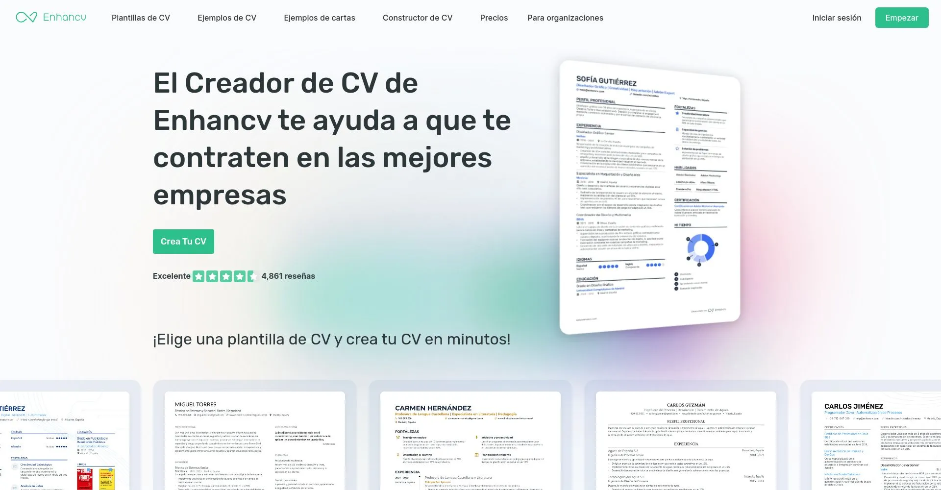 Página principal del creador de CV de Enhancv