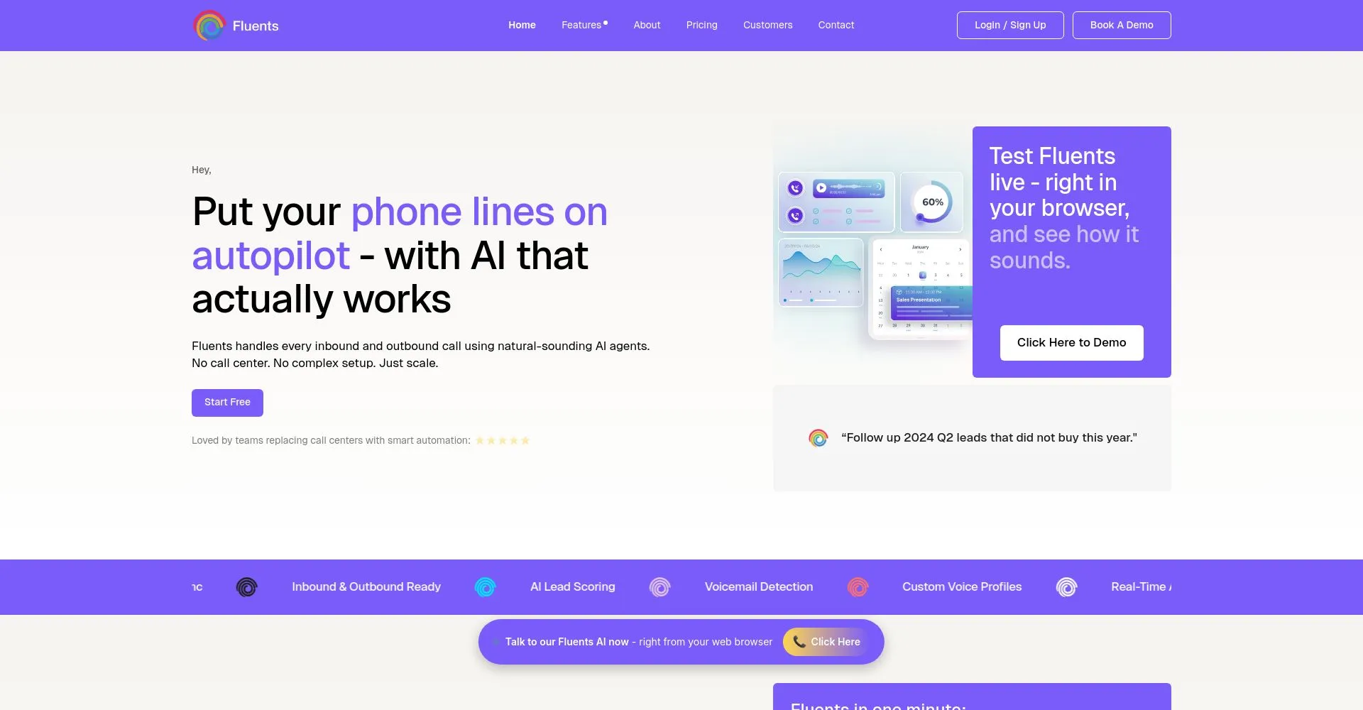 Captura de pantalla del sitio web de Fluents mostrando servicios de automatización con IA