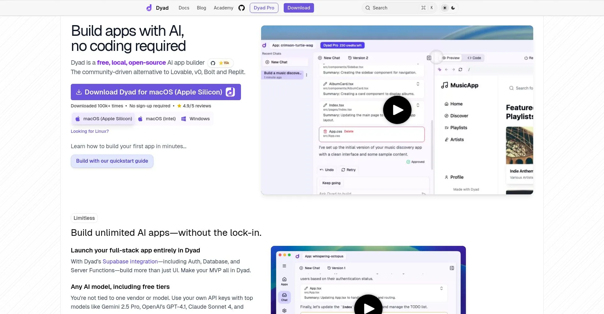 Interfaz de Dyad para crear aplicaciones con IA