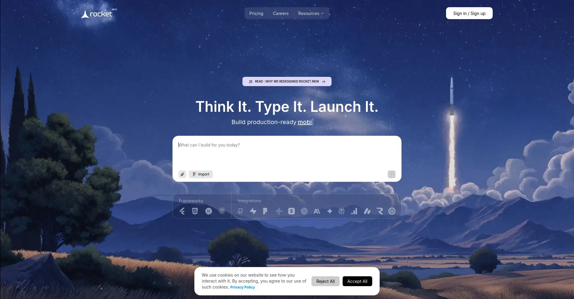 Captura de pantalla del sitio web de Rocket mostrando un lanzamiento de cohete