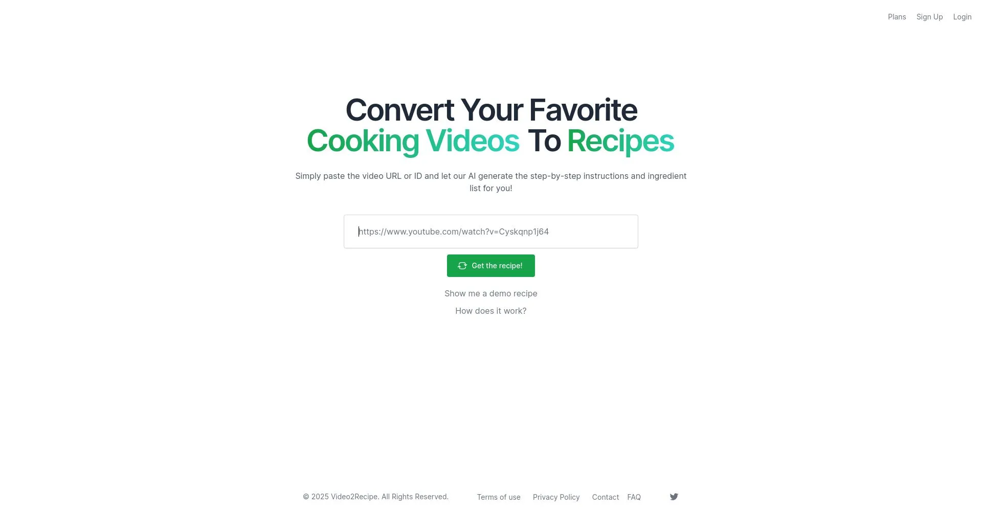 Página web de conversión de videos de cocina a recetas