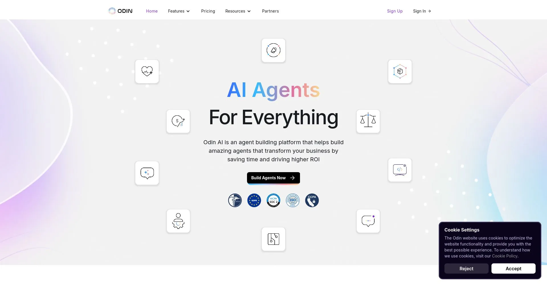 Página principal de Odin AI mostrando plataformas de construcción de agentes
