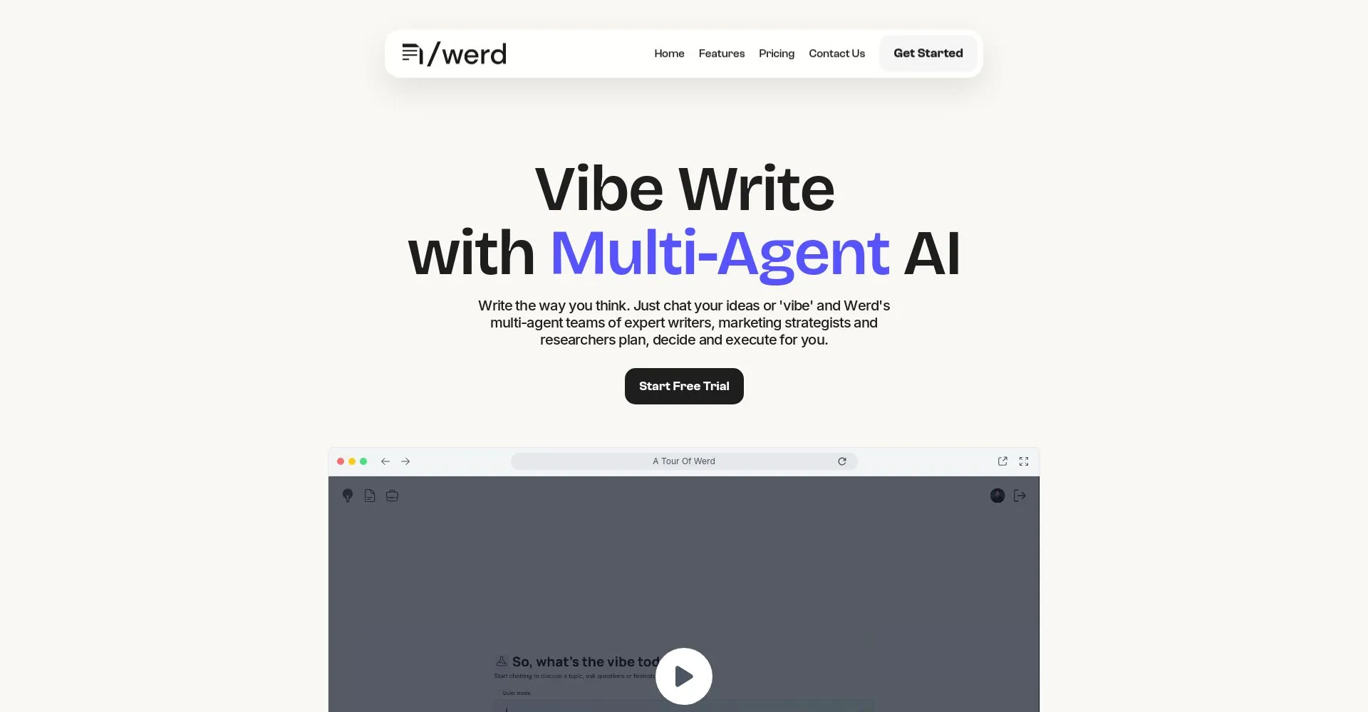 Captura de pantalla de la página de inicio de Werd con IA Multi-Agente