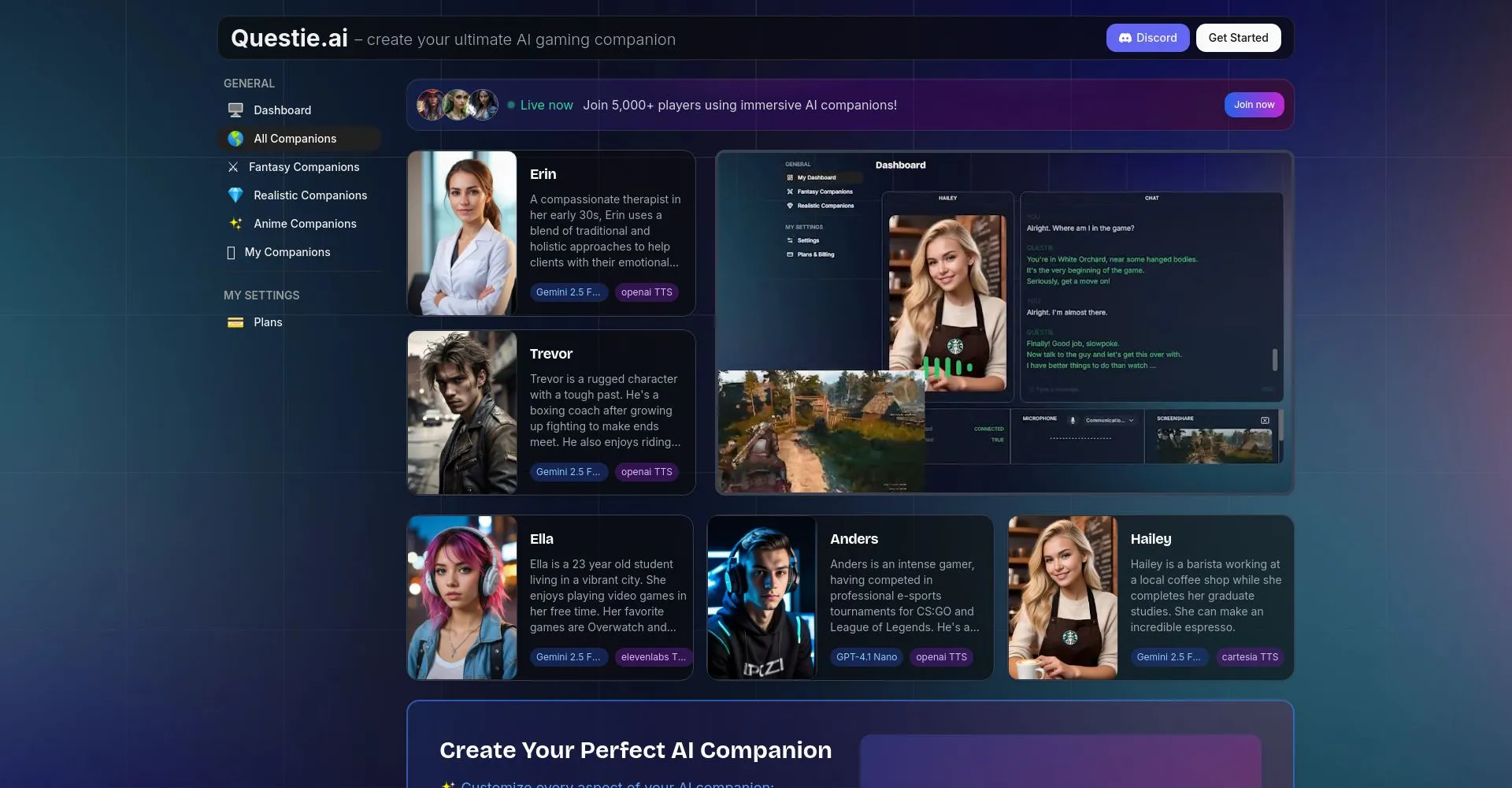 Interfaz de Questie.ai con opciones de compañeros de juego IA