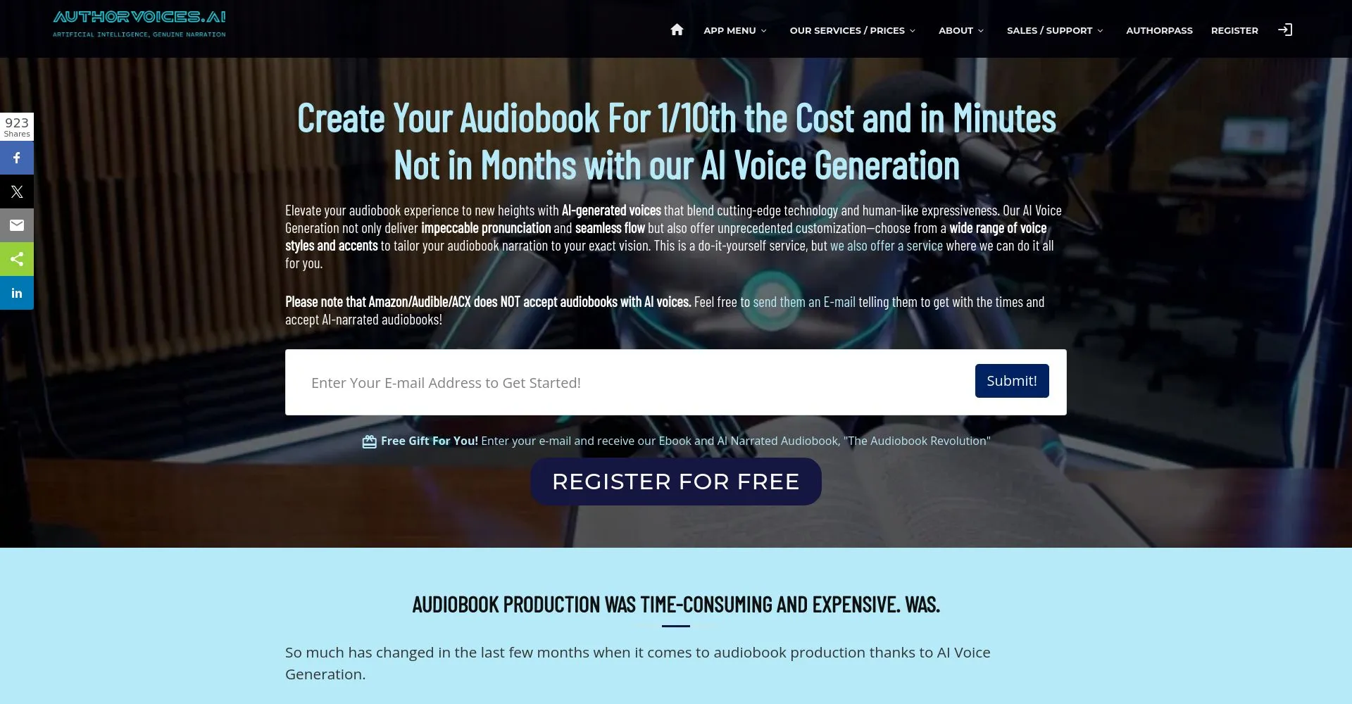 Captura de pantalla de AuthorVoices.AI mostrando la generación de audiolibros con IA