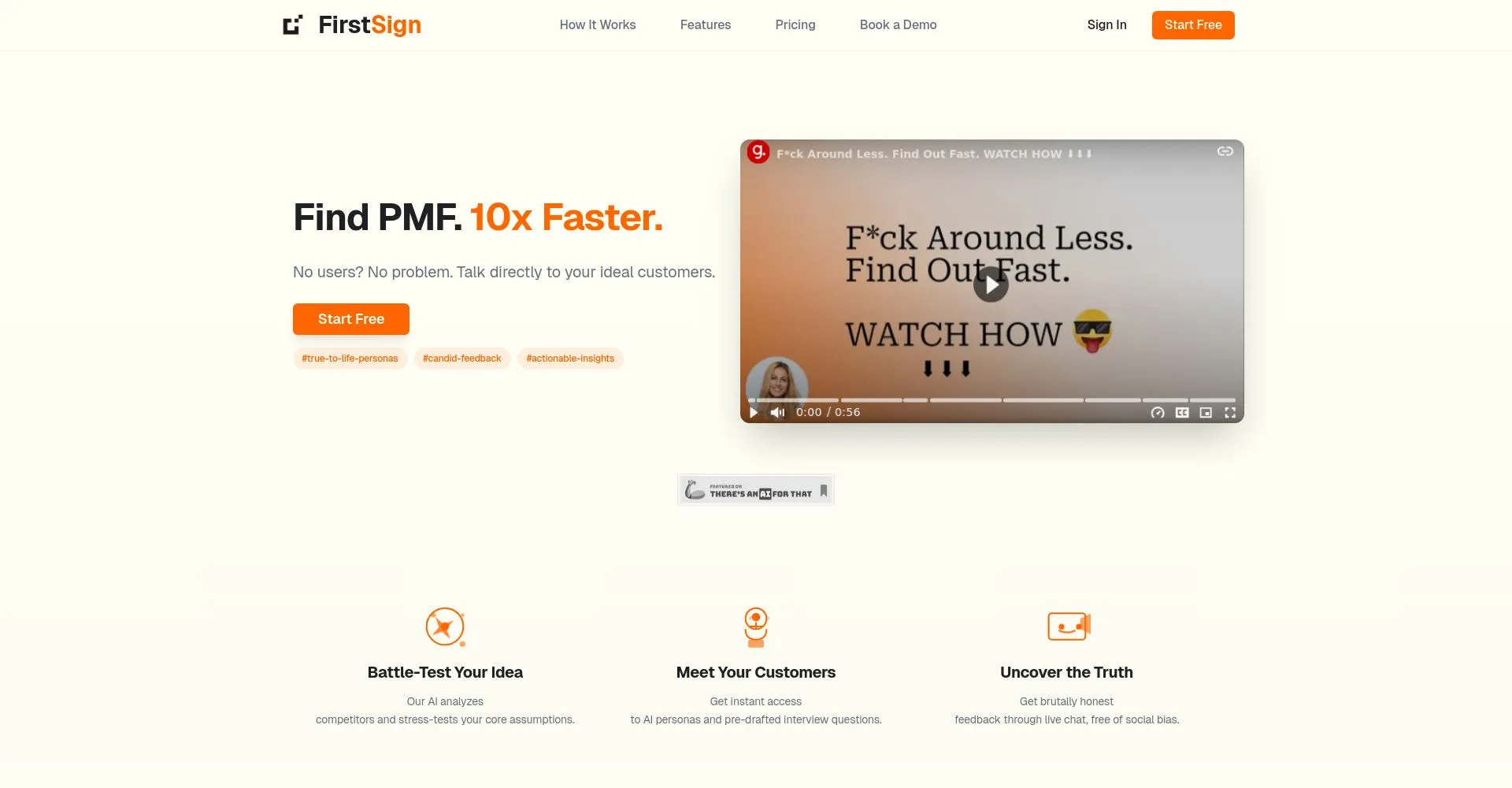 Captura de pantalla de FirstSign mostrando detalles sobre encontrar PMF más rápido