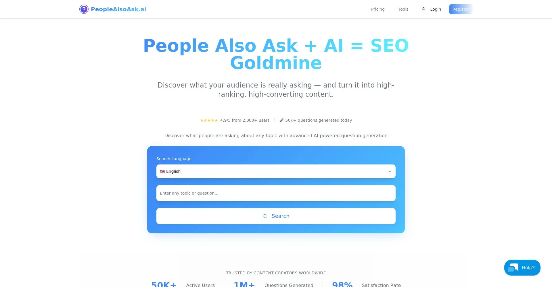 Página principal de PeopleAlsoAsk.ai mostrando el uso de inteligencia artificial para mejorar el SEO.