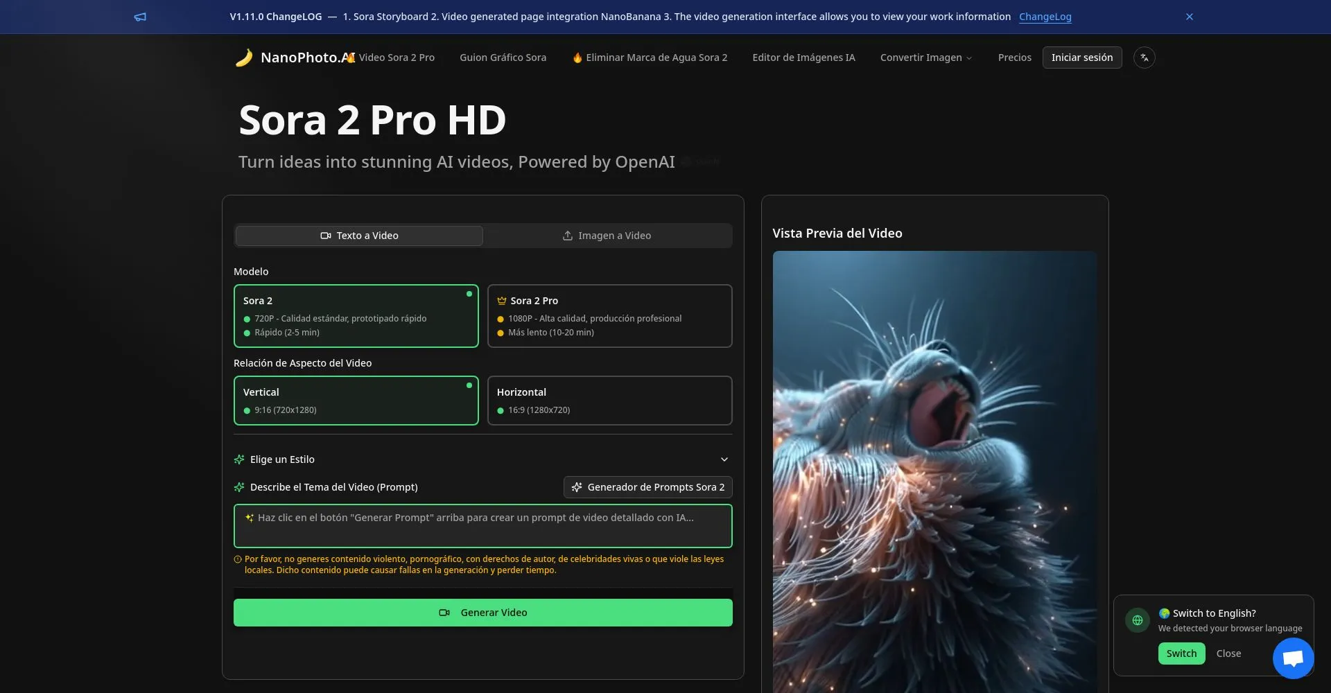 Interfaz de Sora 2 Pro HD para crear videos AI