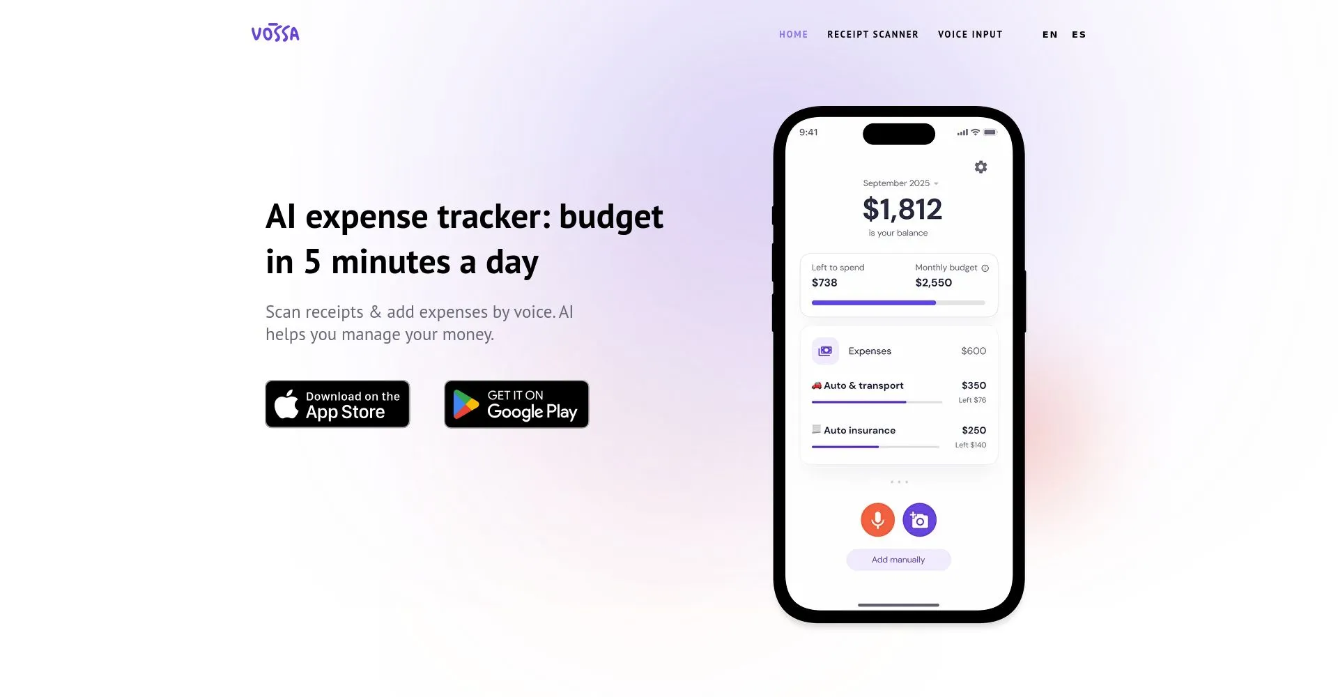 Aplicación de seguimiento de gastos con inteligencia artificial mostrada en un teléfono.