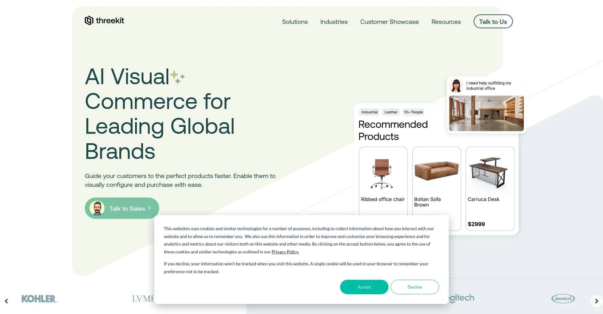 Captura de pantalla del sitio web de Threekit mostrando opciones de productos recomendados y características de comercio visual impulsado por IA.