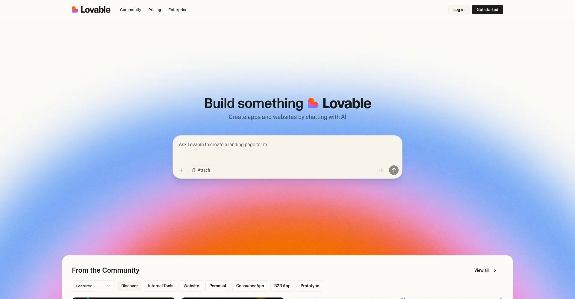 Captura de la página principal de Lovable, plataforma para crear apps y sitios web