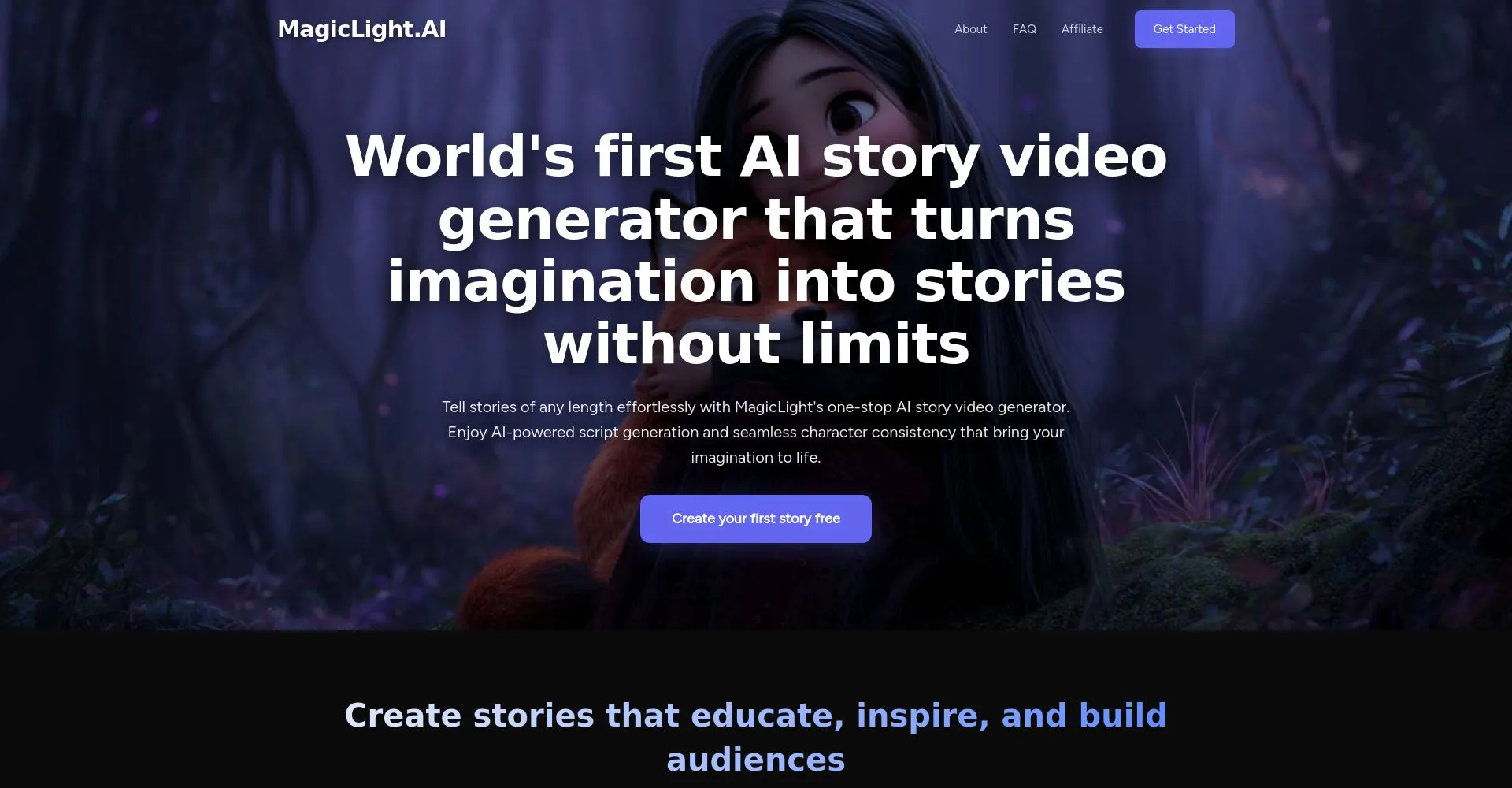 Página de inicio de MagicLight.AI con un generador de videos de historias AI