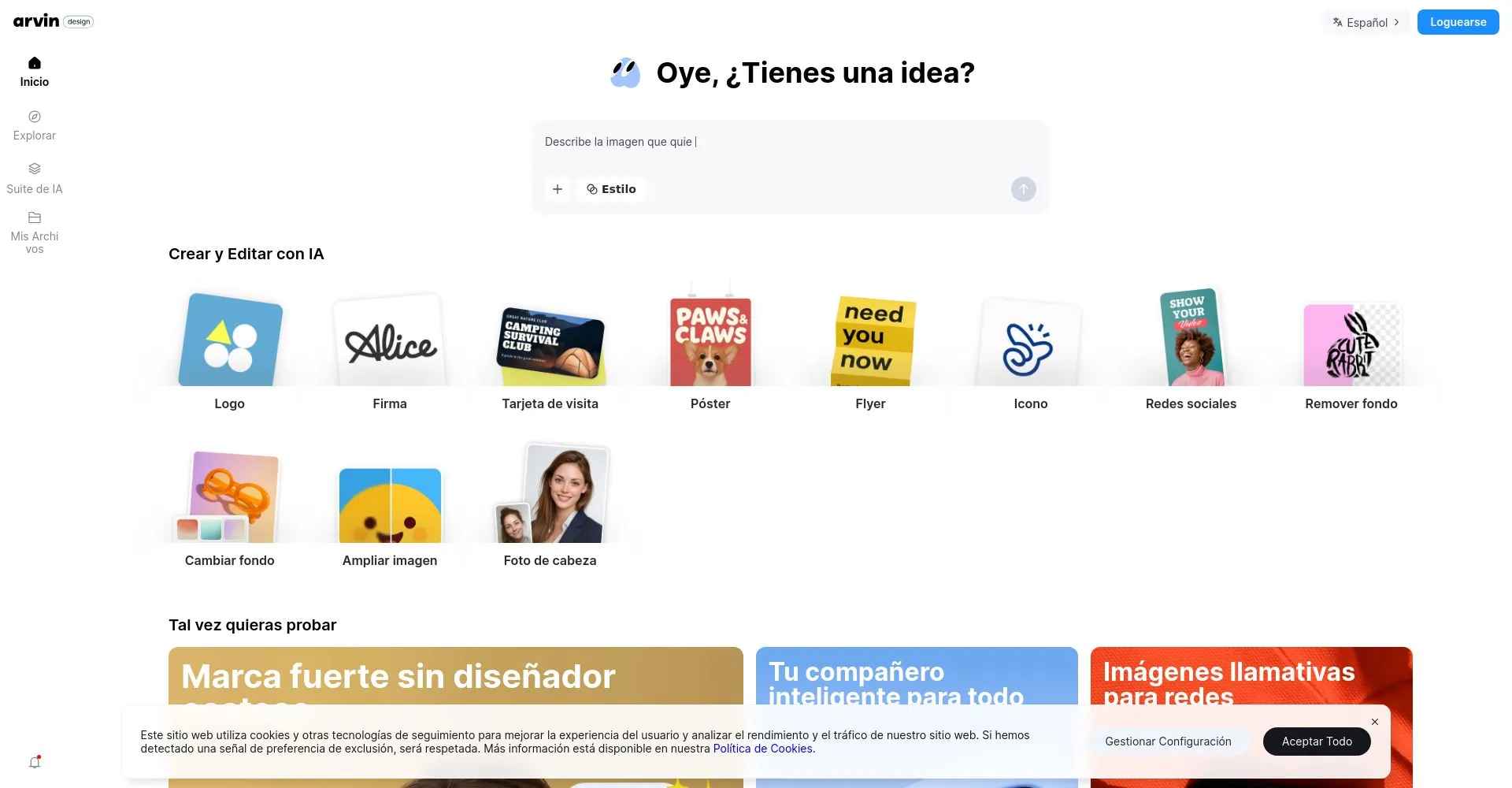 Interfaz del sitio web Arvin para crear y editar imágenes con IA.