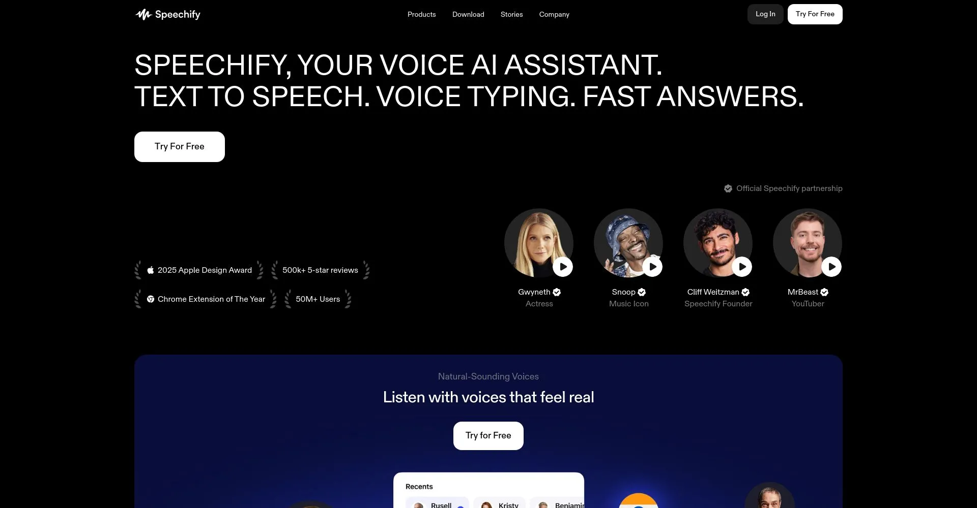 Captura de pantalla del sitio web de Speechify