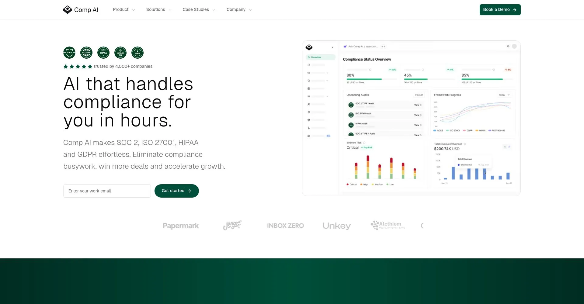 Captura de pantalla de Comp AI mostrando herramientas de cumplimiento.