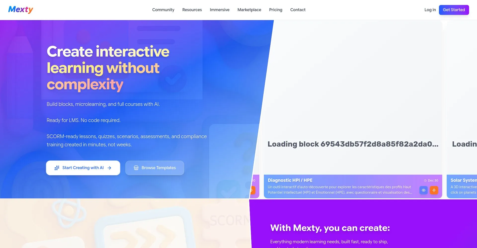 Página de inicio de Mexty para crear aprendizaje interactivo con IA