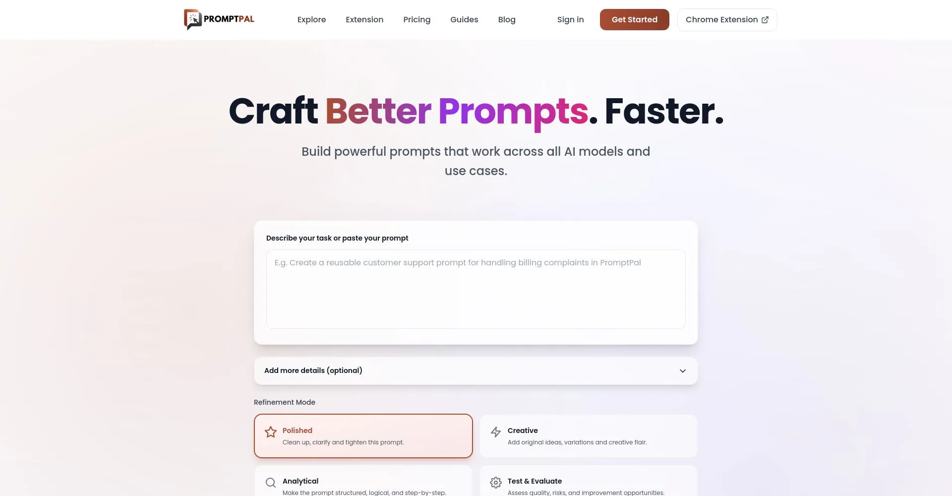 Interfaz de usuario de PromptPal para creación de prompts efectivos