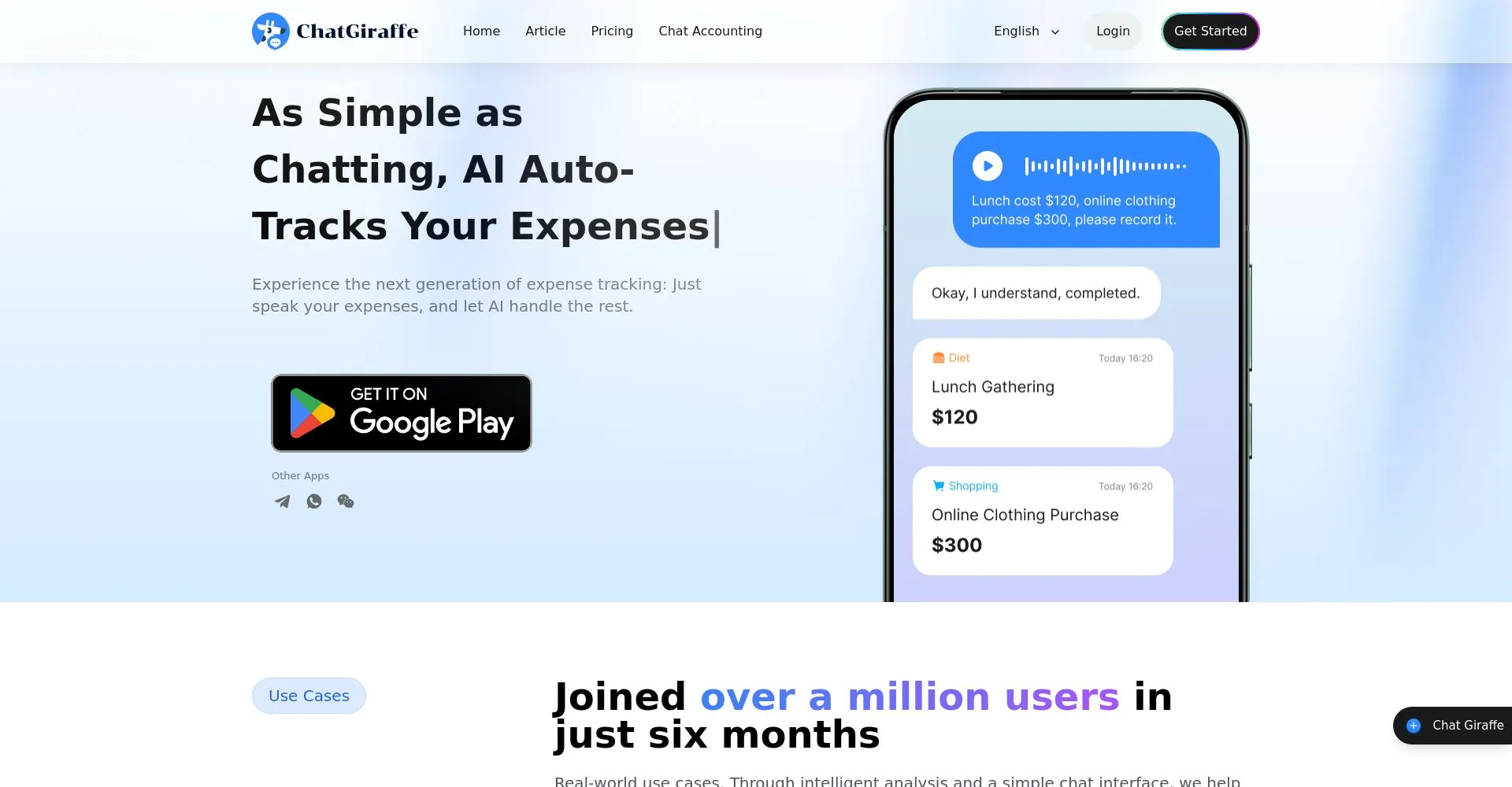 ChatGiraffe aplicación de seguimiento de gastos