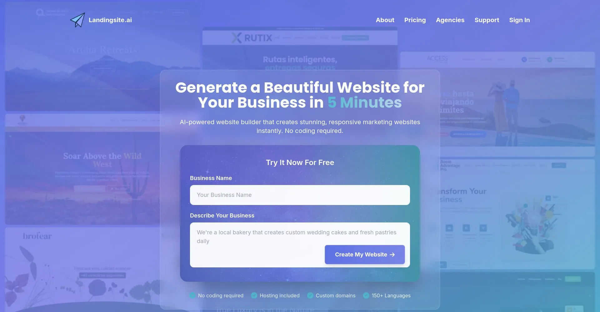 Interfaz de LandingSite.ai para crear sitios web en 5 minutos con IA