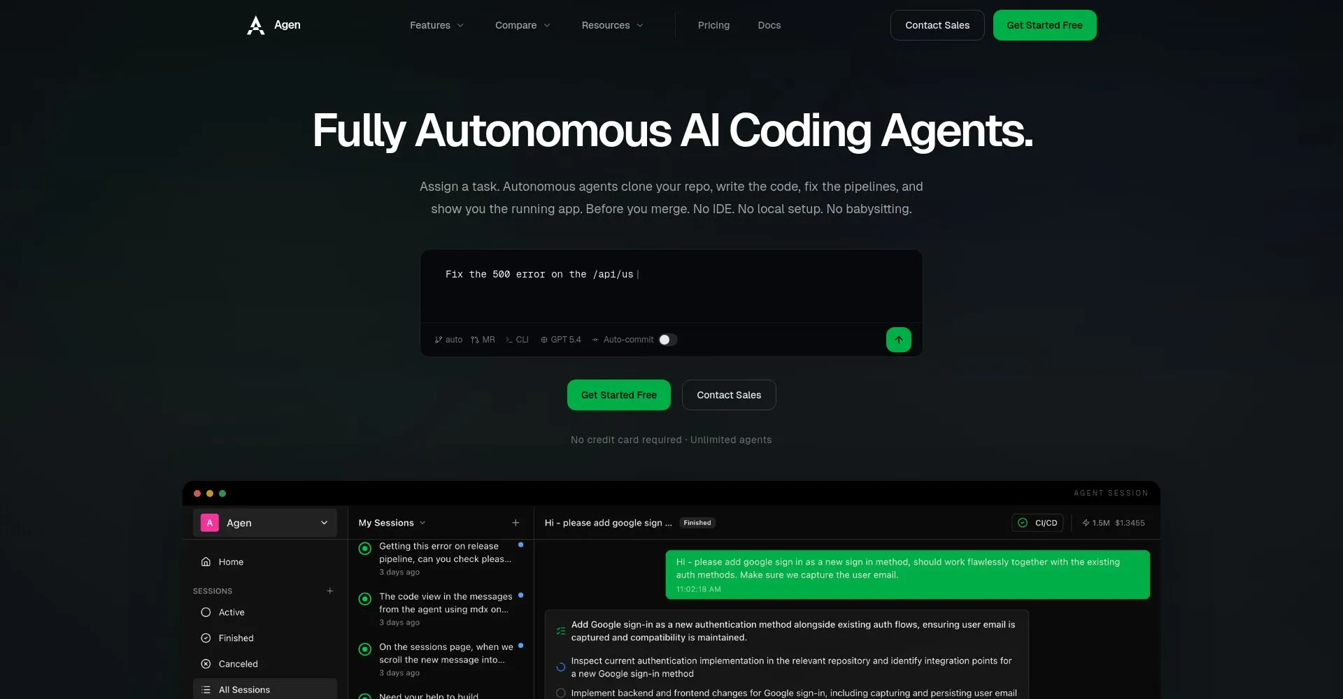 Interfaz de un sitio web mostrando agentes de programación AI completamente autónomos