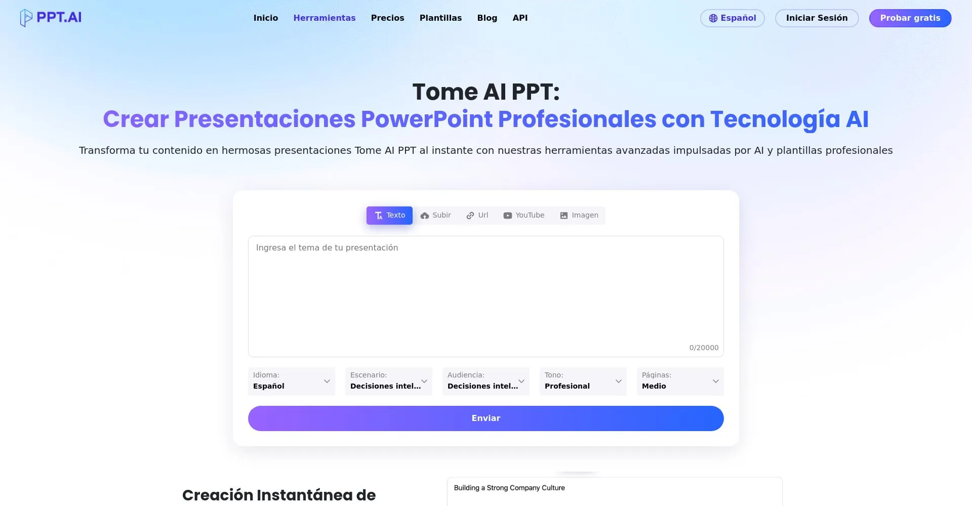 Interfaz de usuario del sitio web PPT.AI para crear presentaciones con AI