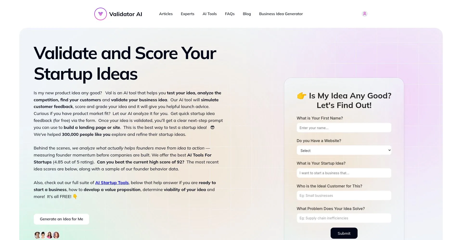 Página de inicio de Validator AI mostrando herramientas de validación de ideas de negocio.