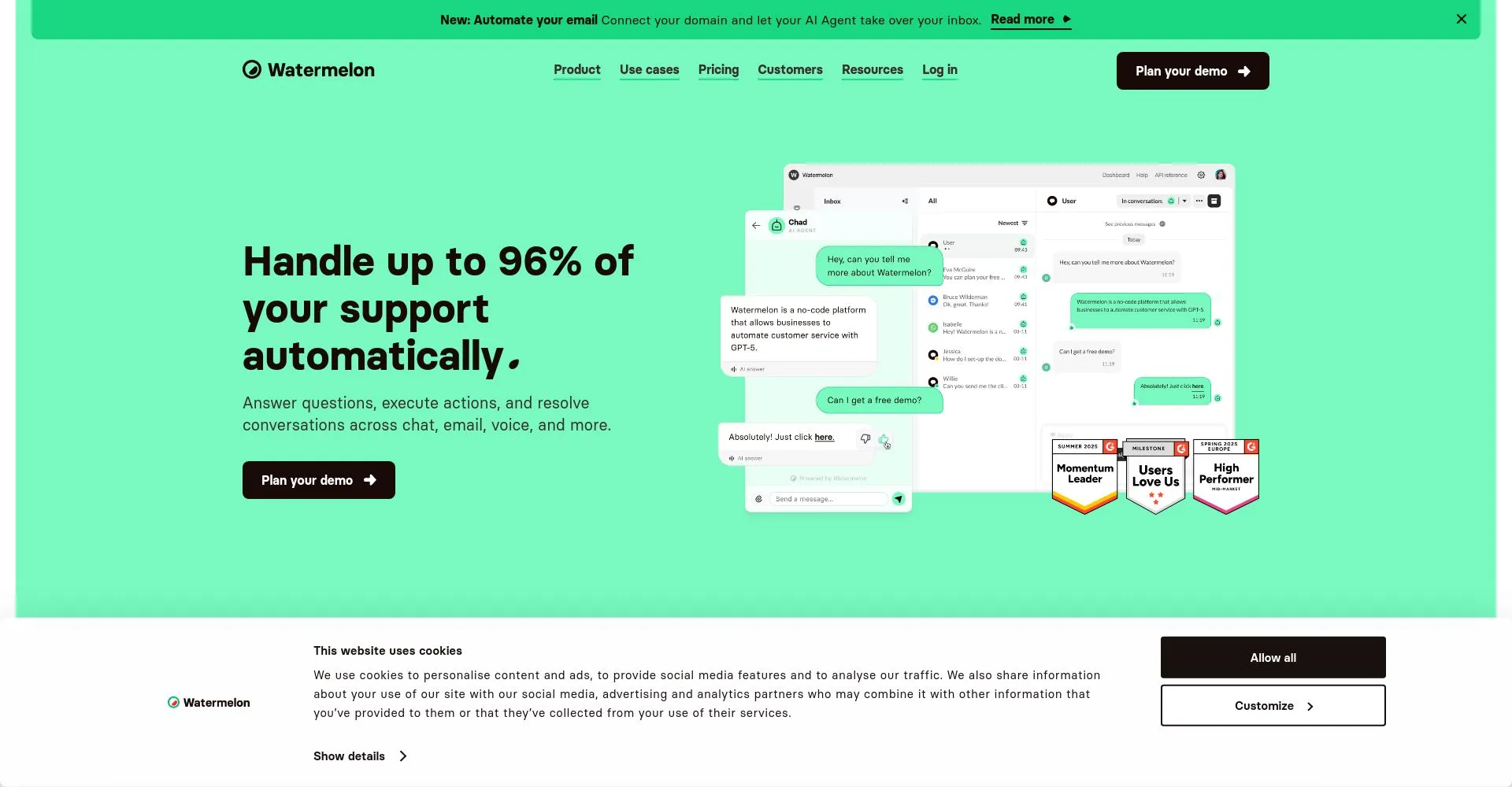Interfaz de Watermelon mostrando chat de soporte automatizado