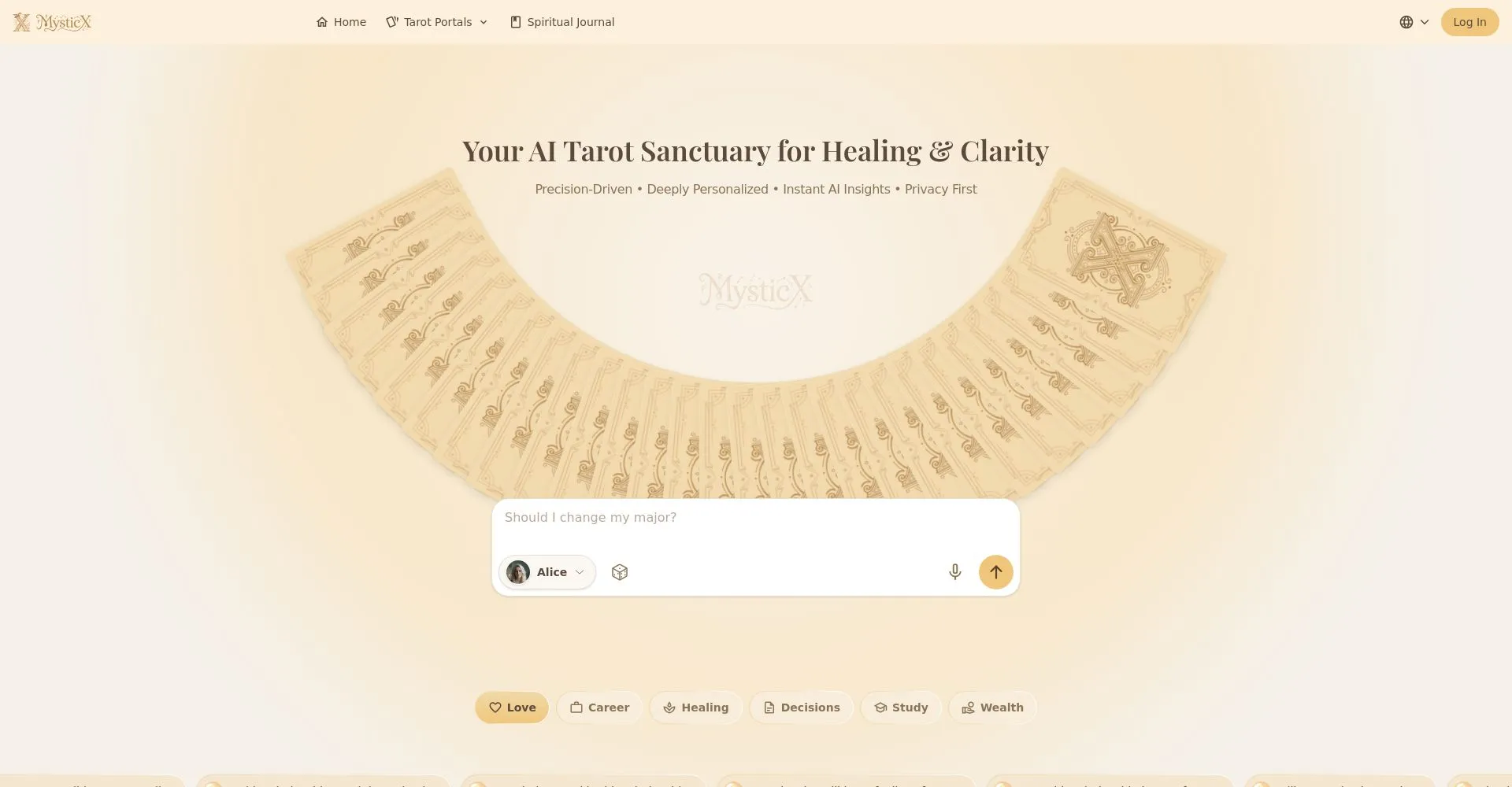 Interfaz de usuario del sitio web de MysticX Tarot AI