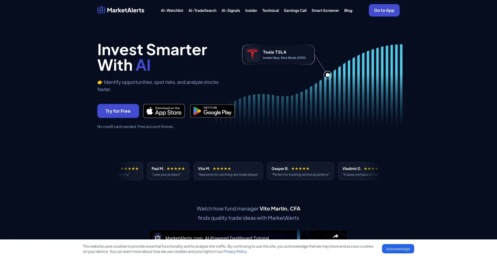 Captura de pantalla de MarketAlerts promoviendo inversión con IA