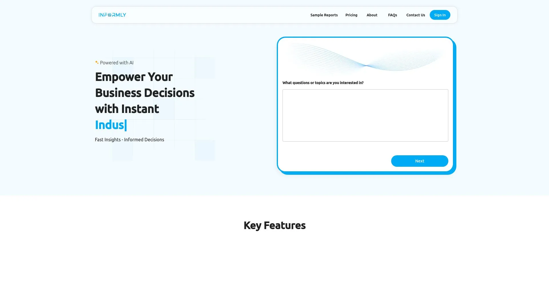 Interfaz de sitio web de Informly para mejorar decisiones empresariales