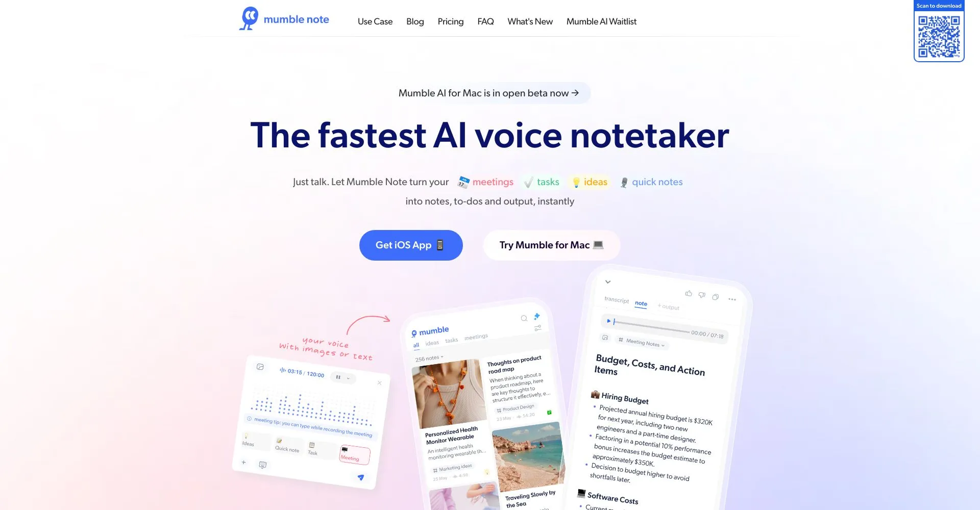 Captura de pantalla de la página principal de Mumble Note mostrando características de la aplicación