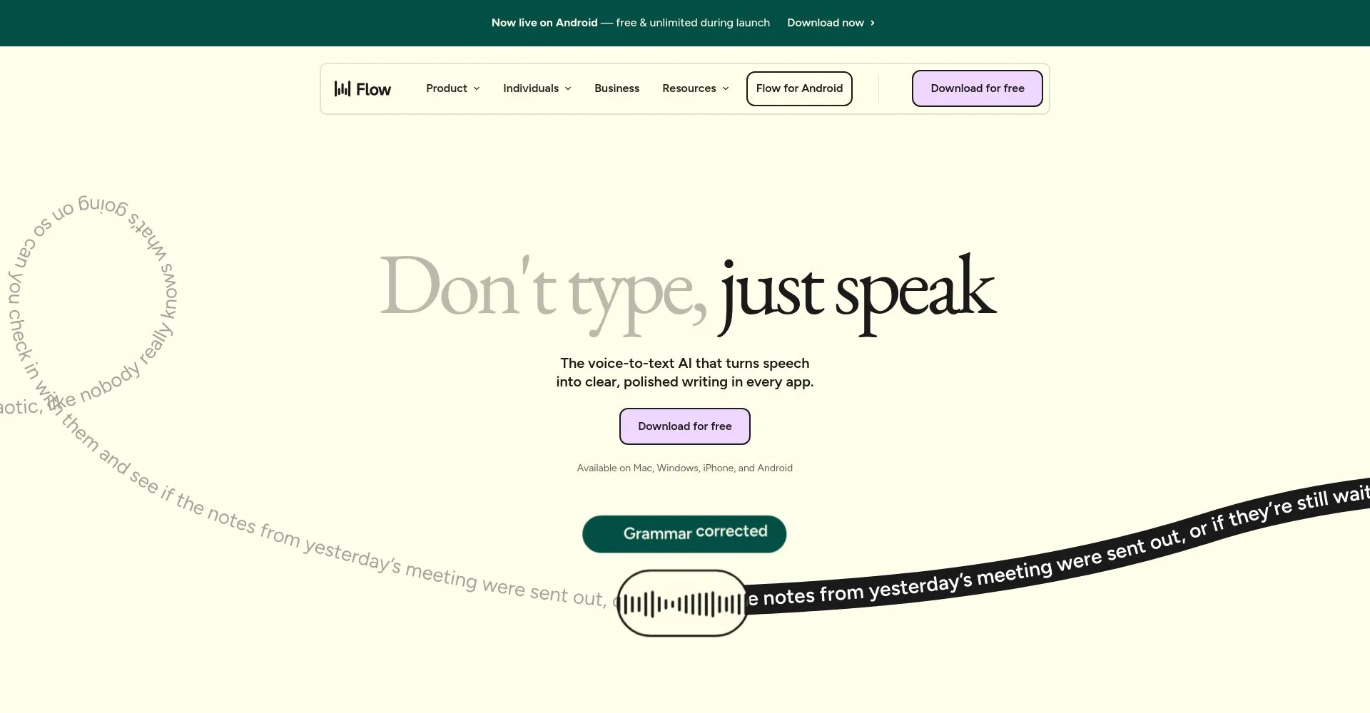 Captura de pantalla del sitio web de Flow con funcionalidades de voz a texto