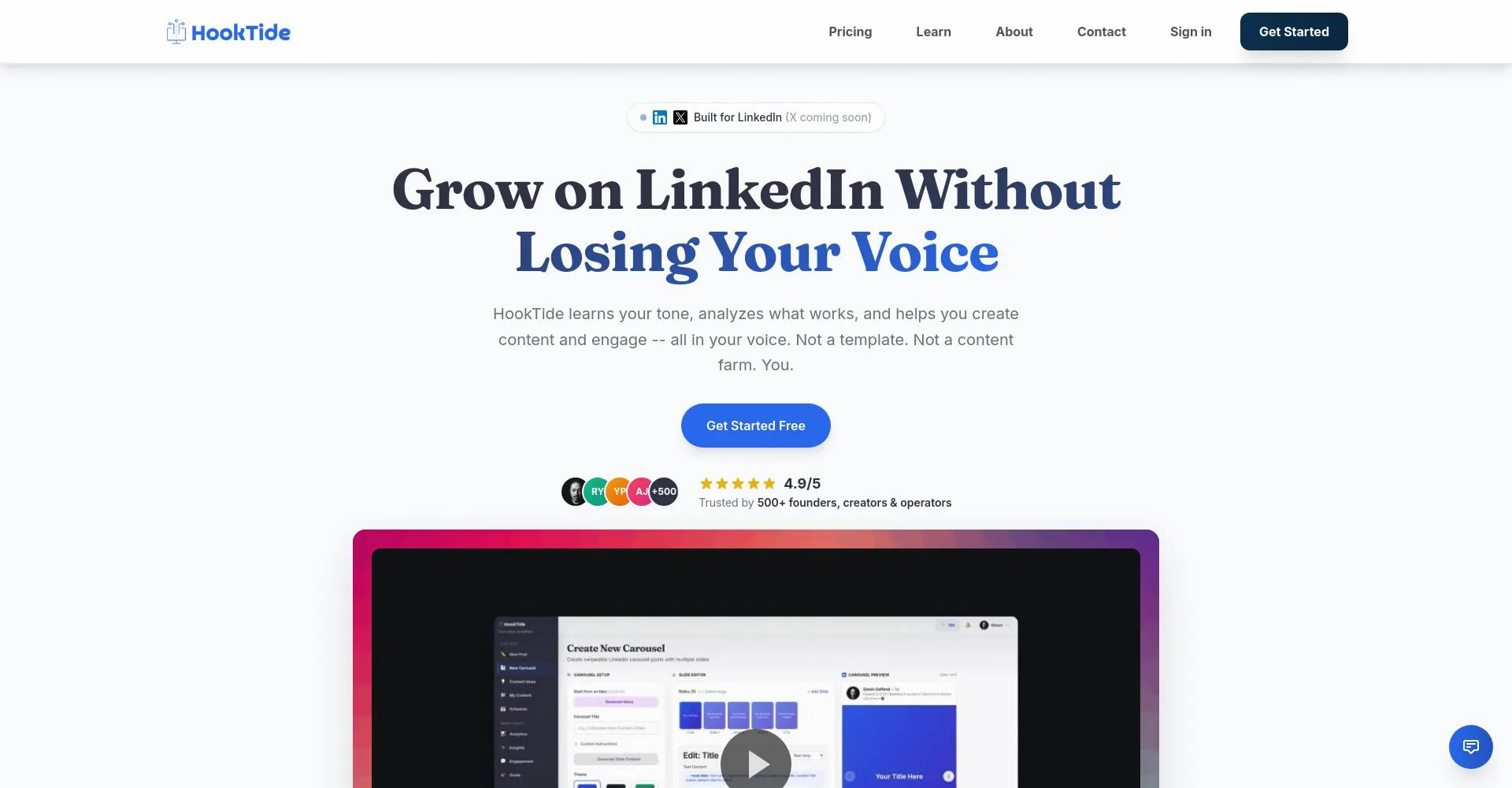 Página principal de HookTide para crecimiento en LinkedIn
