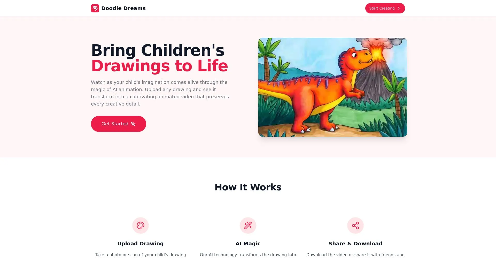 Página de inicio de Doodle Dreams mostrando un dibujo animado de un dinosaurio