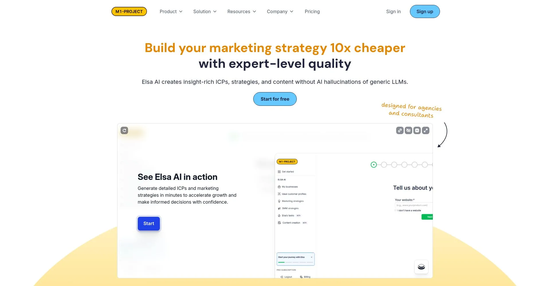 Captura de pantalla de sitio web que ofrece herramientas de marketing de Elsa AI