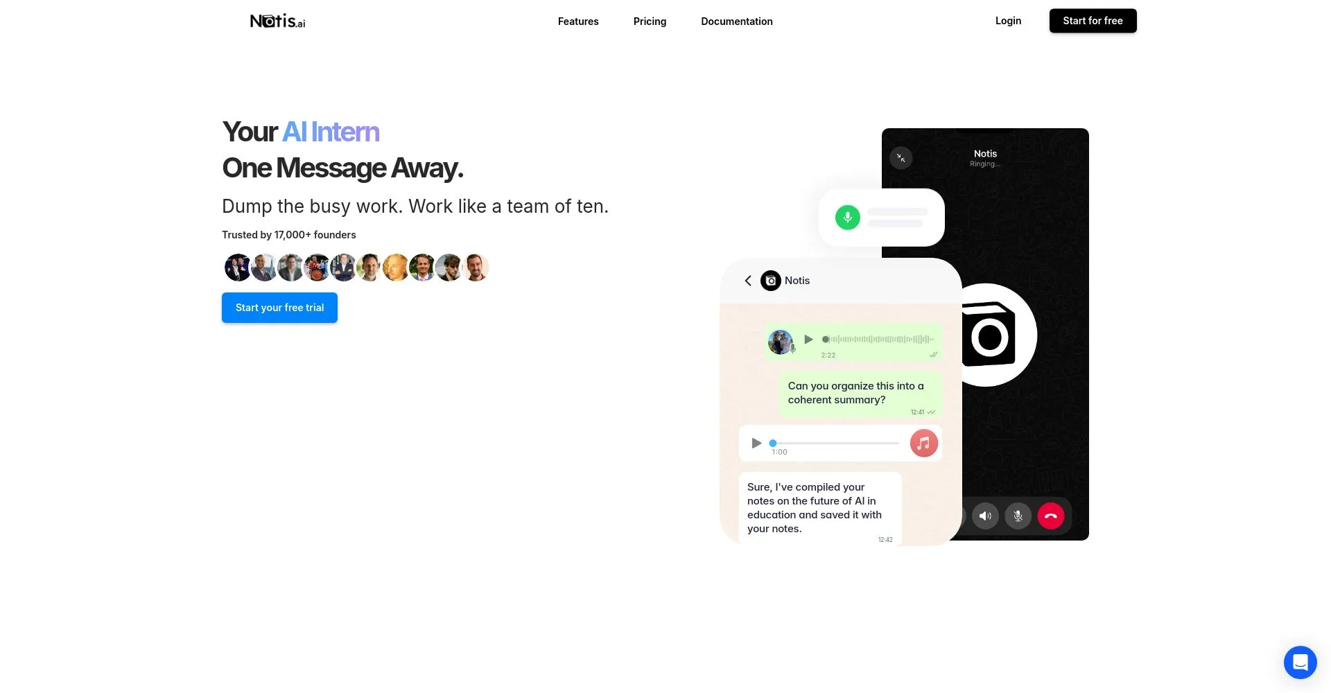 Página de inicio de Notis.ai mostrando funciones del asistente de IA
